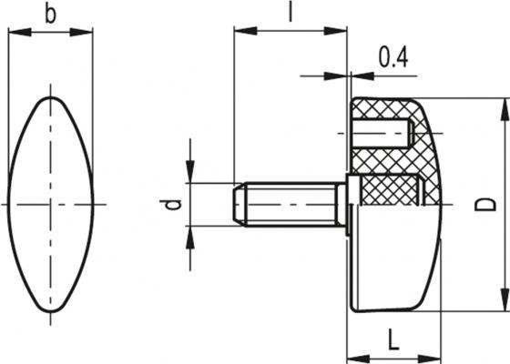 Nakrętka motylkowa CT.476/20 p-M4x6 - trzpień gwintowany ze stali ocynkowanej - rysunek techniczny